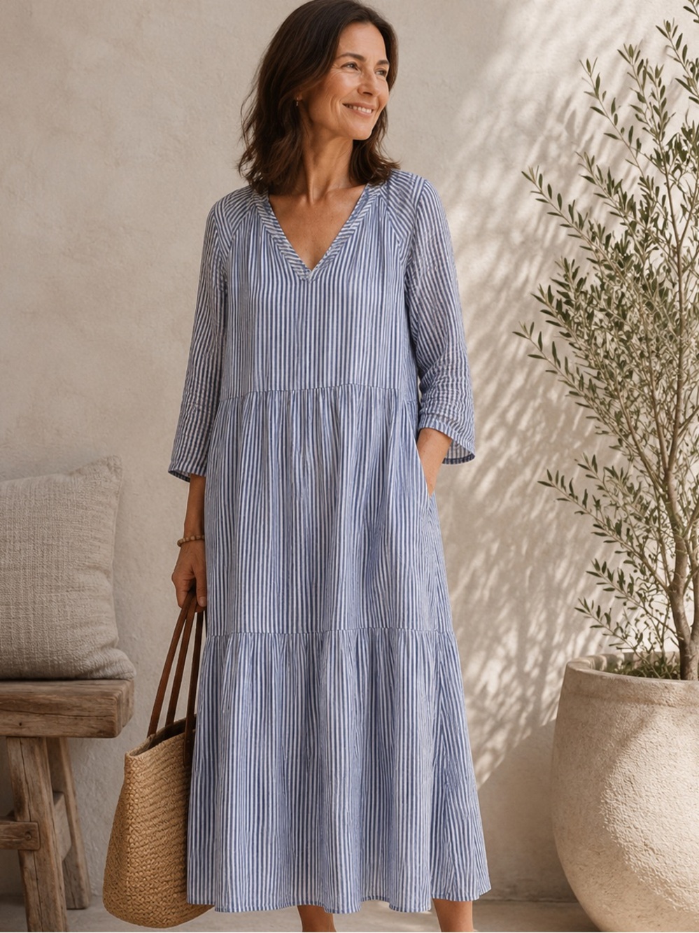 Beachlunchlounge dress Stripped 100% Cotton-with pockets-made in India - Picture 1 of 16